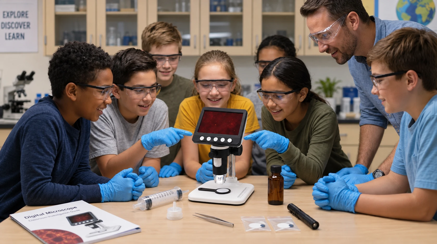 Students in safety glasses gathered around the digital microscope viewing glowing particles on screen