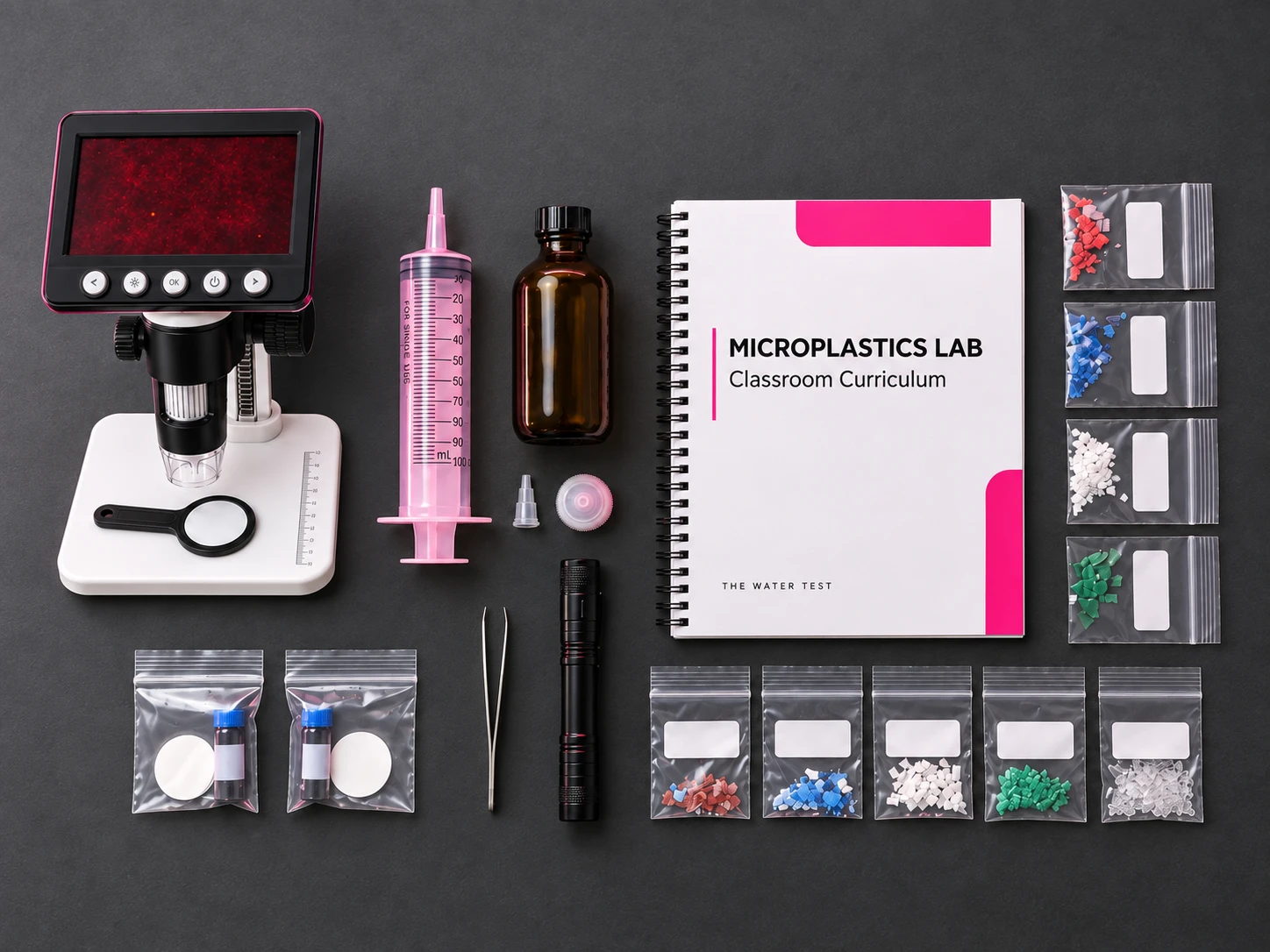 The classroom microplastics kit: tabletop digital microscope with built-in screen, syringe, amber vial, filters, curriculum workbook, and plastic reference samples