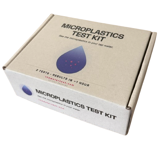 The Water Test microplastics test kit packaging — 2 tests, results in ~1 hour